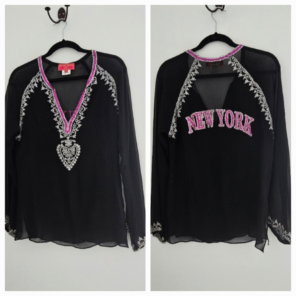 Monisha Jaising × Tabla Sheer Black Sequin New York Embellished Tunic Top